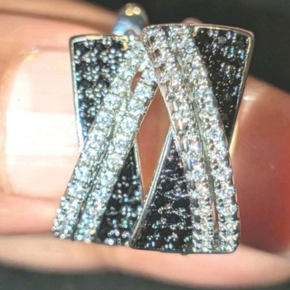 Lab Created Black Diamond Cluster Crossover Hoop Earrings 14k White Gold Plated - Picture 2 of 16